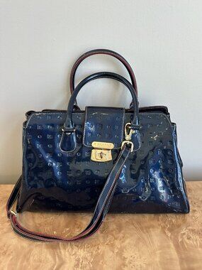 Arcadia Navy Blue Patent Leather Embossed Large Satchel Top Handle Bag Crossbody